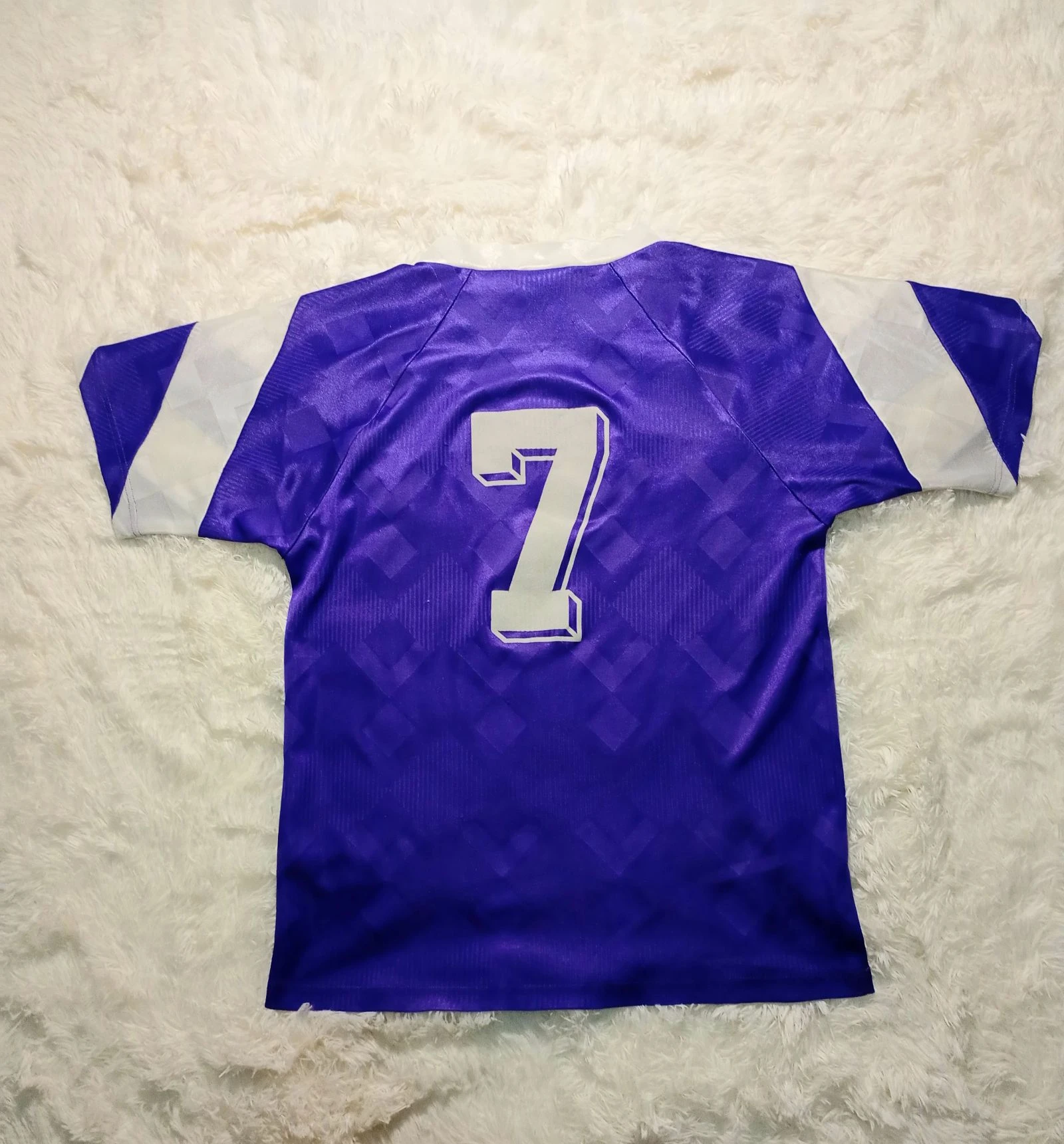 Camisa de futebol vintage anos 90 da Puma roxa branca gola V tamanho P – photo 7